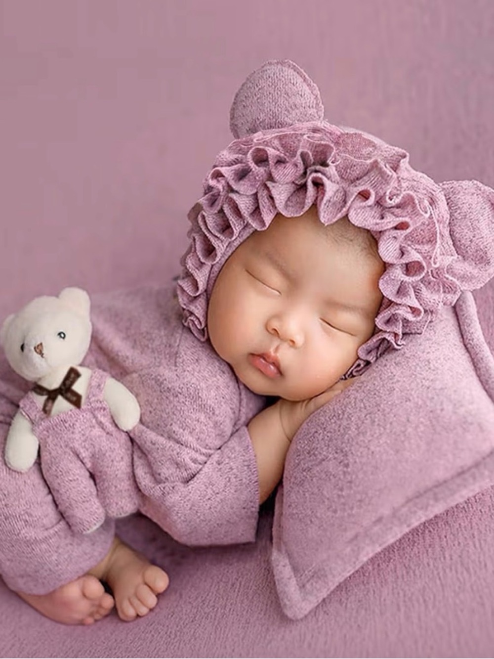 Soft Ruffle Bear-Ear Baby Outfit in Dusty Pink